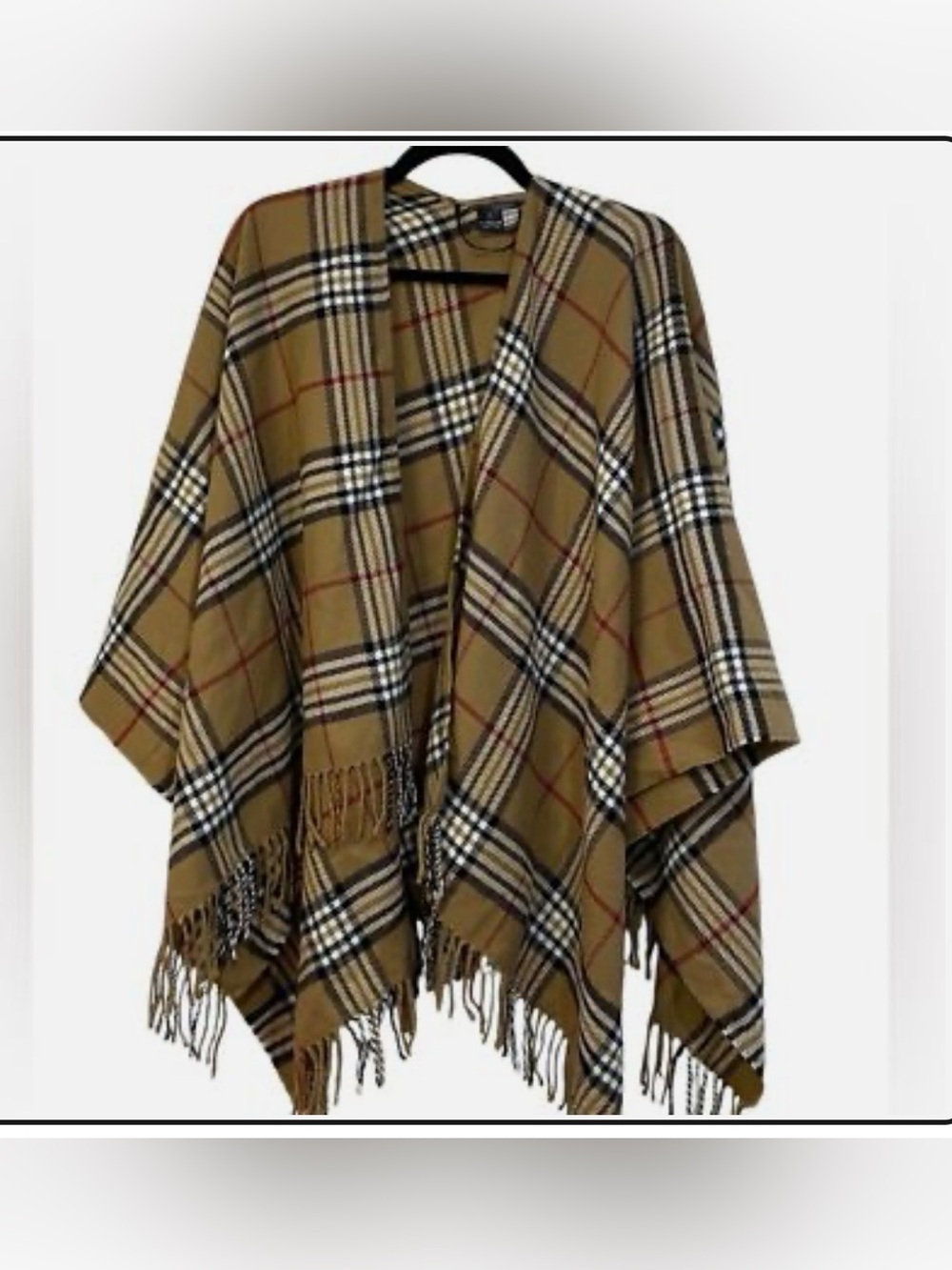 V. FRAAS Tan Plaid Fringe Poncho Cape